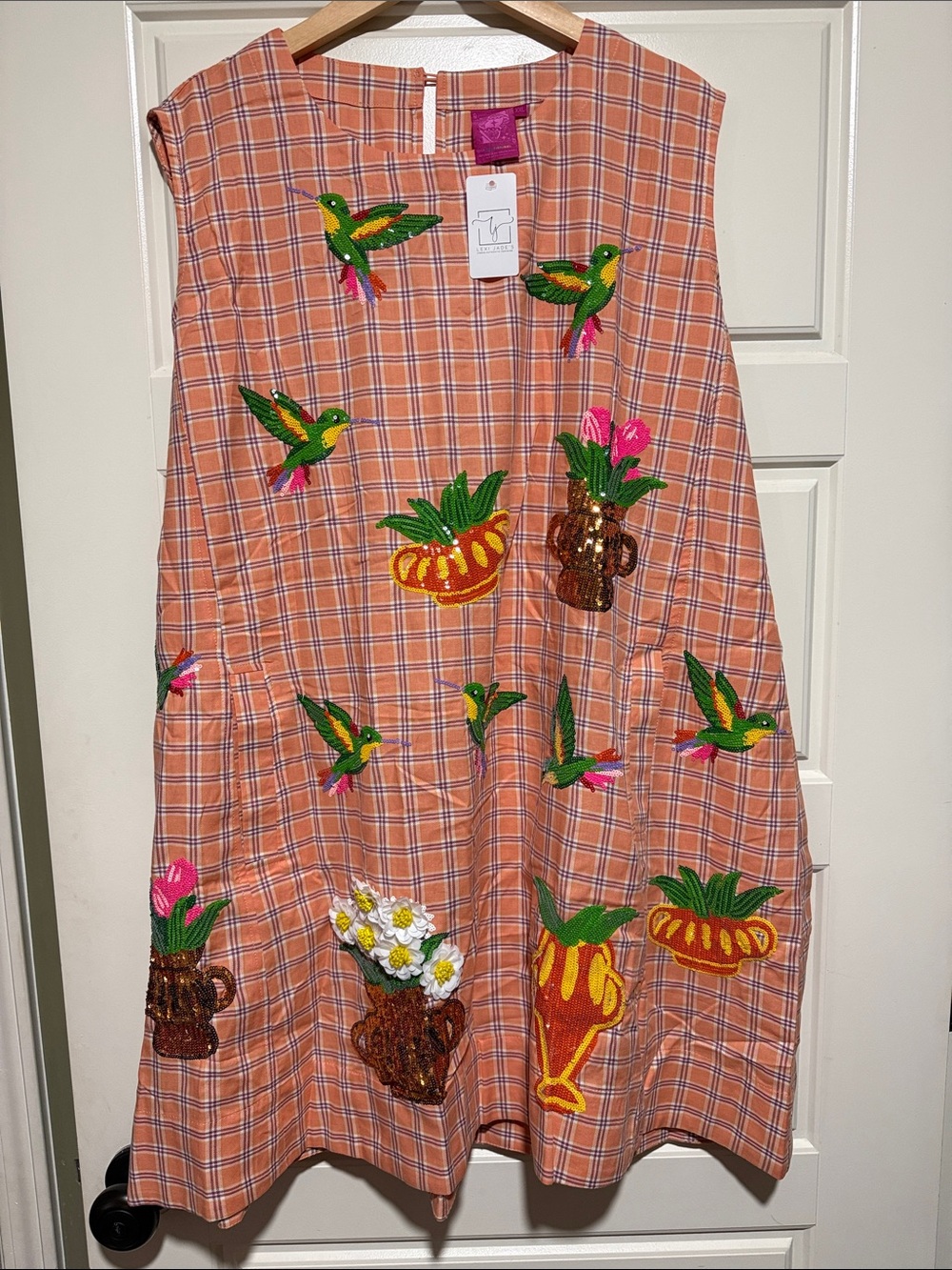QUEEN OF SPARKLES Peach Plaid Mini Dress with Tropical Embroidery hummingbird
